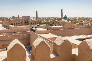 Images Dated 5th April 2024: Khiva, Xorazm Region, Uzbekistan, Central Asia. The Islam Khodja Madrasa and Minaret