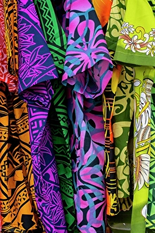 Images Dated 11th January 2024: The Kingdom of Tonga, Neiafu. Brightly colored souvenir shirts
