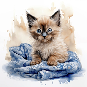 Ai Generated Prints: Kitten with blue eyes on blanket. (AI Generated)