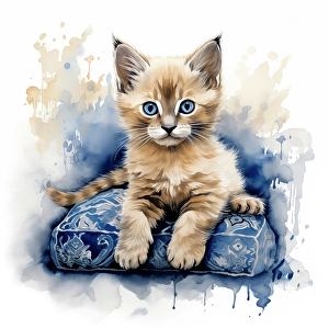 Fred Lord Prints: Kitten with blue eyes on cushion. (AI Generated)