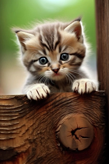 Fred Lord Prints: Kitten looking over wood panel. (AI Generated)