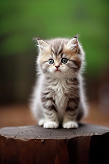 Fred Lord Prints: Kitten sitting on stump. (AI Generated)
