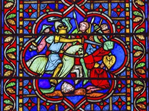 Sword Prints: Knights Fighting Swords Horses Battle War stained glass, Notre Dame Cathedral, Paris