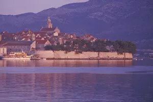 Korcula Town at sunrise. East Harbor. Korcula Island, Croatia