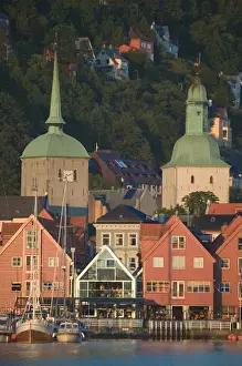 Nordic Prints: Kos Church and Dom Church tower behind the ancient buildings of Bergens harbor