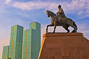 Astana Prints: Kursk Building and Kenesary Khan Monument on the banks of Ishim River. Astana, Kazakhstan