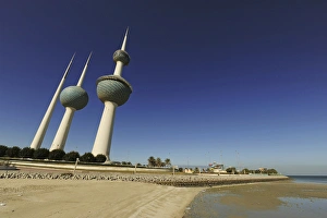 Anthony Asael Prints: Kuwait, Kuwait City, Kuwait Towers along small beach