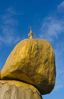 Burma Prints: Kyaiktiyo Pagoda (Gold Rock), a small pagoda built on the top of a granite boulder