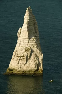 Images Dated 23rd August 2008: L Aiguille (Needle) with kayakers, Etretat, Normandy FRANCE