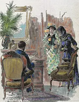 Seated Prints: Lady and gentleman. Engraving by Bonamore. Coloured. 1891