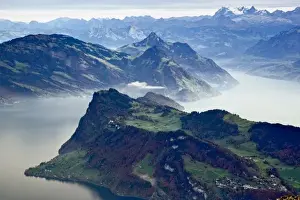 Lucerne Prints: Lake Lucerne surrounded by the Alps and rural countryside viewed from atop Pilatus Mountain