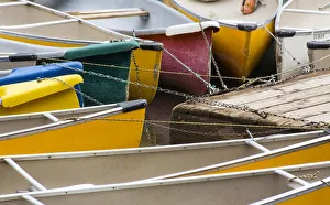 Images Dated 9th September 2014: Lake Moraine and docked canoes, Banff National Park, Alberta, Canada