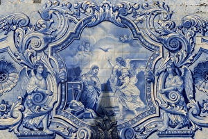 Woman Prints: Lamego, Portugal, Europe, Shrine of Our Lady of Remedies, azulejo