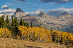 Caribou Targhee Prints: Landscape of Mt. Owen, Grand Teton and Middle Teton from the west, golden fall foliage