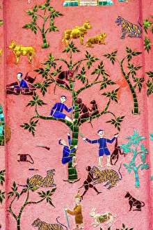 Mural Prints: Laos, Luang Prabang. Mosaic mural depicting people and animals