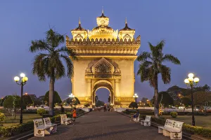 Vientiane Prints: Laos, Vientiane. Patuxai, Victory Monument exterior at dusk