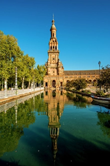 Town Square Prints: Large pond near the main building in Plaza de Espana, Seville, Andalusia, Spain