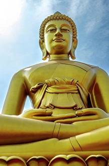 Buddhism Prints: Largest golden Buddha, Wat Paknam Bhasicharoen in Bangkok