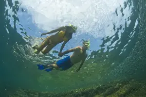 Latino Couple, Snorkelers, Los Islotes Marine Preserve, Espiritu Santo Island, near La Paz