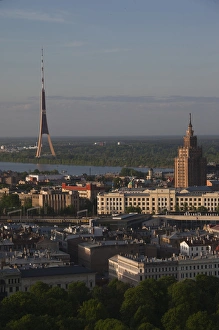 Images Dated 20th May 2010: Latvia, Riga, elevated view of Old Riga, Academy of Sciences building, and TV Tower
