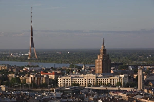 Baltic Prints: Latvia, Riga, elevated view of Old Riga, Academy of Sciences building, and TV Tower