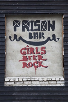 Baltic State Prints: Latvia, Western Latvia, Kurzeme Region, Liepaja, waterfront bar sign