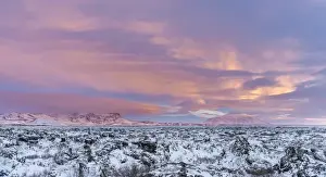 Lava field Dimmuborgir during winter near lake Myvatn in the highlands of Iceland in deep snow