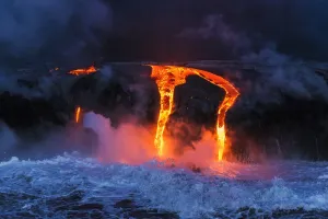 Igneous Prints: Lava flow entering the ocean at dawn, Hawaii Volcanoes National Park, The Big Island