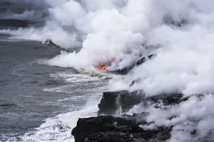 Images Dated 1st November 2016: Lava flow entering the ocean at dawn, Hawaii Volcanoes National Park, The Big Island