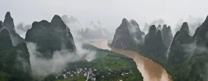Yangshuo Prints: Li River and limestone hills in mist, Yangshuo, Guangxi, China