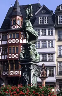 Frankfurt Prints: Life in Germany in Frankfurt the famous Romerberg Square statue of justice in old