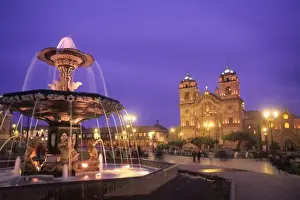 Elevation Prints: Life in Peru Cuzco beautiful night photo statues & fountain Town Square and Cathedral