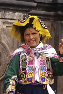Elevation Prints: Life in Peru Cuzco in the mountains with native woman and her colorful dress high elevation