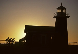 Bicycle Prints: Lighthouse, Bicycling, Sunset, Santa Cruz, California