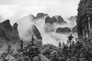 Limestone hills in mist, Yangshuo, Guangxi, China