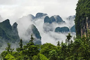 Yangshuo Prints: Limestone hills in mist, Yangshuo, Guangxi, China