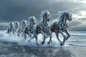 Ai Generated Prints: Line of fantasy metal horses running on beach water. (AI Generated)