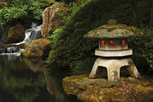 Butte Larose Prints: Lit Pagoda and Waterfall, Portland Japanese Garden, Portland, Oregon, USA
