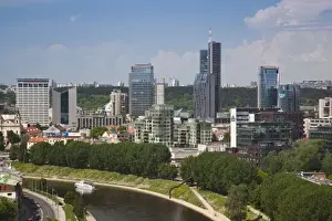 Lithuania, Vilnius, Gediminas Hill elevated view of Snipiskes area and Neris River
