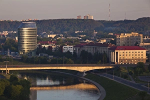 Office Building Prints: Lithuania, Vilnius, office buildings along Neris River, morning