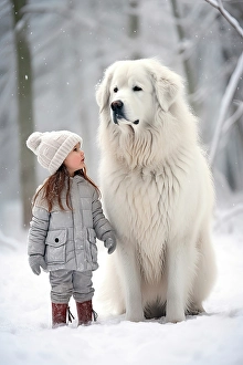 Coat Prints: Little girl and great Pyrenees dog in snow