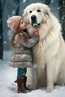Coat Prints: Little girl and great Pyrenees dog in snow