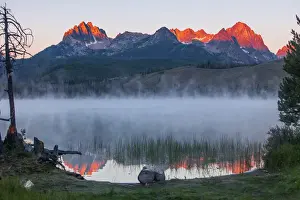 Rising Prints: Litttle Redfish Lake, SNRA, Idaho - red glow and reflections of Mt