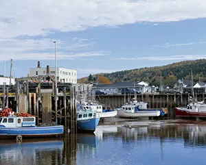 Lobster boats tied up to dock at low tide in Alma, along the Bay of Fundy coast of New Brunswick