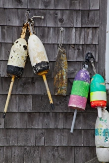 Down East Prints: Lobster buoys on shed in Bunker Harbor, Maine, USA