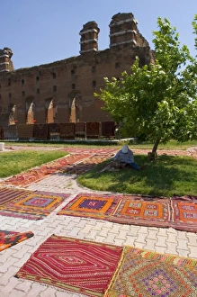 Images Dated 23rd May 2004: Local kilims sold in front of the Temple of Serapis (Red Hall / Basilica) Pergamon