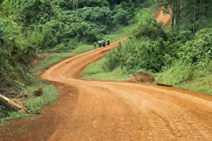 Winding Prints: Local people traveling on dirt road, west Uganda