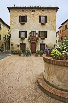 a local restaurant (before it opens for the day) in a beautiful Piazza in Pienza, Italy-Tuscany