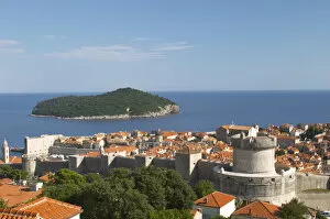 Lokrum island in the background, Minceta Tower Dubrovnik, old city. Dalmatian Coast