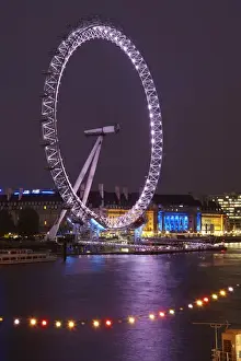 Amusement Park Prints: London Eye and County Hall reflected in River Thames at dusk, London, England, United